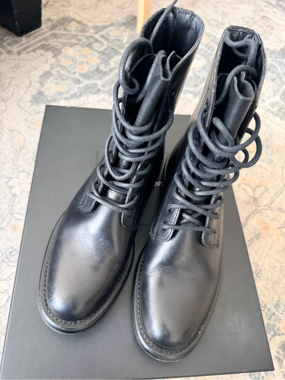 Saint Laurent Black Leather Lace-Up Military Boots - Picture 4 of 9